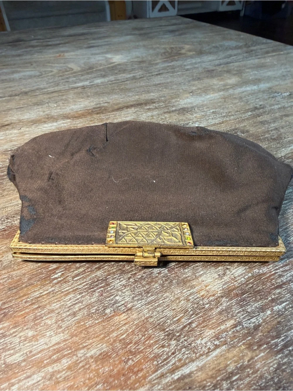 Vintage Brown Satin Evening Clutch Purse Gold Tone Jeweled Frame Art Deco Style